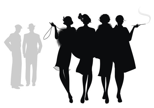 Silhouettes of four flapper girls walking together and two men in the background. Isolated on white background