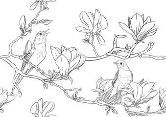 Magnolia tree branch with flowers and nightingale Seamless pattern, background. Outline hand drawing vector illustration..