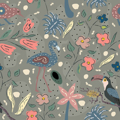 Flamingo, Toucan and kiwi bird. Exotic Bird Seamless Pattern. Vector illustration