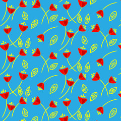 Red poppies with golden stems on a blue background. Seamless pattern. Vector illustration.
