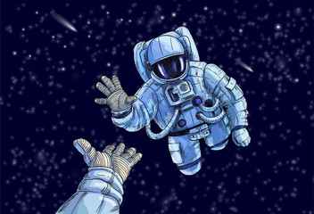 Astronaut in space suite stretching to the other astronaut - obrazy, fototapety, plakaty