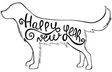 Hand drawn silhouette dog with the text inside isolated on white background. Vector monochrome illustration. Perfect for invitations, greeting cards, postcard, fashion print, banners.