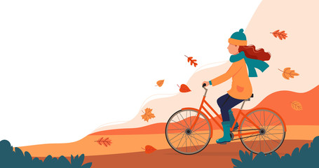 Woman riding bike in autumn. Vector illustration in flat style