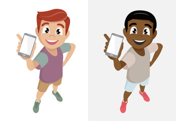 Cartoon character Poses, Set man has a smartphone. He is showing the screen here.