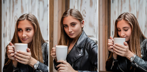 Beautiful caucasian woman drinking coffee at restaurant with soft light