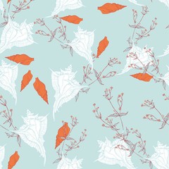 Seamless vector pattern with seashells and flowers