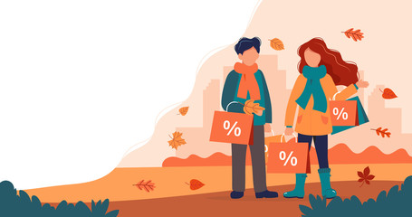 Autumn sale, man and woman with shopping bags in autumn. Vector illustration in flat style