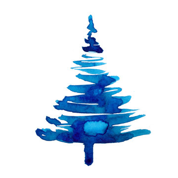 Watercolor winter christmas tree isolated on white background. Hand painting Illustration spruce for print, texture, wallpaper or greeting card. Blue color. Beautiful watercolour art. Pine tree