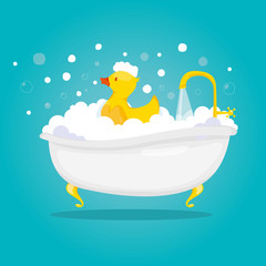 Naklejka premium Modern vector illustration of bathtime and spa with soap foam bubbles and yellow duck.