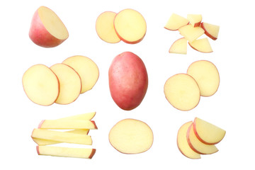 Raw red potato with slices isolated on white background. top view