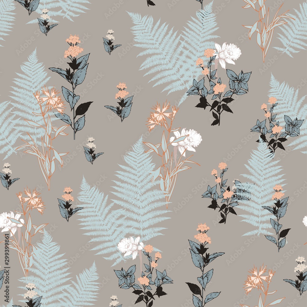 Poster seamless vector pattern with daffodils and fern