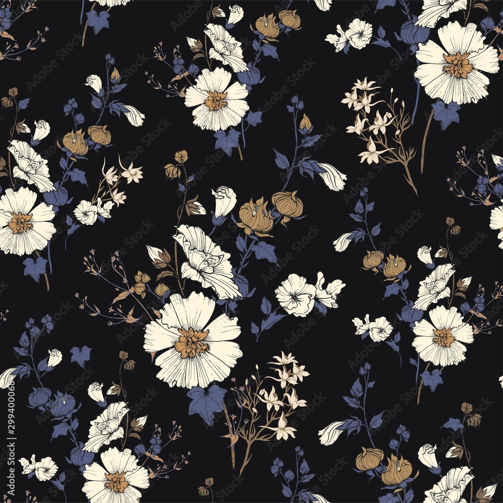 Poster seamless vector pattern with bouquets of mallow