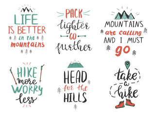 Set of motivational and inspirational quotes about mountains and hiking.