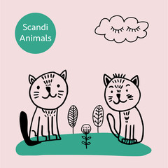 Vector adorable cat in trendy Scandinavian style. Funny, cute, hugge, hand drawn illustration for poster, banner, print, decoration kids playroom or greeting card.