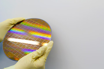 Silicon Wafer is held in the hands by gloves - A wafer is a thin slice of semiconductor material,...