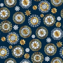 Foto op Plexiglas Blauw goud Winter ster en sneeuwvlok elegant naadloos patroon