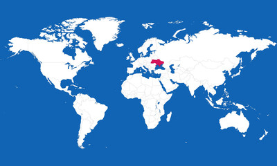 Ukraine highlighted pink on world map vector illustration