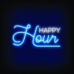 Happy Hour Neon Signs Style Text Vector