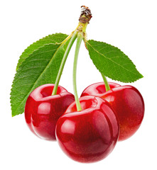Cherries with leaves isolated on white