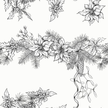 Christmas Wreath Of Spruce, Pine And Poinsettia. Seamless Pattern, Background. Graphic Drawing, Engraving Style Vector Illustration