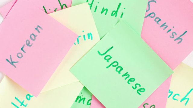Stop motion animation of different languages  such as english, german, italian, korean, spanish, hindi, chinese, french, russian which written on the reminder notepaper of different colors.