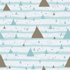 Cute Pattern with triangles with pastel blue stripes. beige background with tiny dots.Hand Drawn Design.
