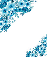 winter floral decoration card with blue watercolor flower bouquet, blue monochrome floral decorative frame 