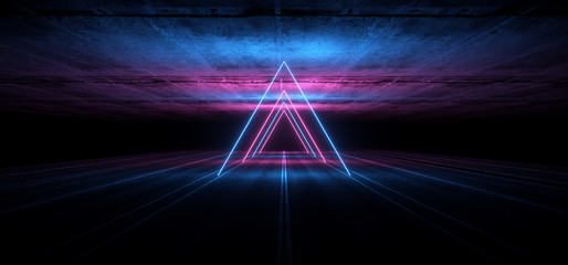 Asphalt Road Sci Fi Futuristic Neon Glowing Laser Show Tunnel Corridor Underground Garage Warehouse Triangle Shape Purple Blue 3D Rendering