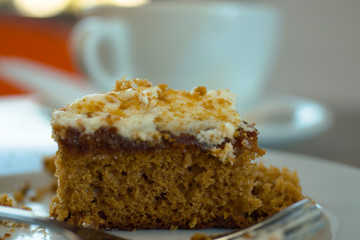  Fresh serving of carrot cake with cup of coffee in background