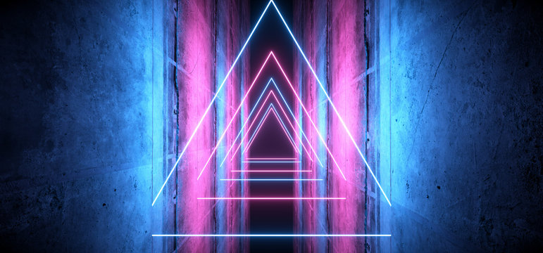 Spaceship Tunnel Corridor Neon Modern Laser Triangle Shaped Lights Purple Blue Glowing Concrete Rough Walls Empty Space Sci Fi Futuristic 3D Rendering © IM_VISUALS