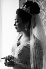 Fototapeta na wymiar Black and white fashion portrait of beautiful bride. Wedding hairstyle and make up. Portrait of beautiful bride. The image of the Queen. Dark hair, a crown on his head, clear skin, beautiful face