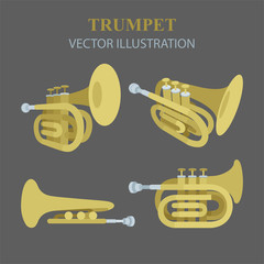 Trumpet. Trumpet vector illustrations set. Trumpets top, side and bottom view icons. Musical wind instruments graphics. Part of set.