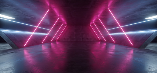 Sci Fi Futuristic Alien Tunnel Ship Corridor Underground Laser Purple Blue Neon Light Lines On Grunge Reflective Concrete Empty Space Background 3D Rendering - obrazy, fototapety, plakaty