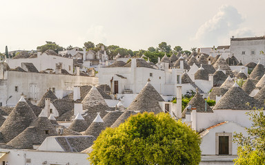 Scenic panoramic view of Alberobello and trulli buildings, Apulia, Italy
