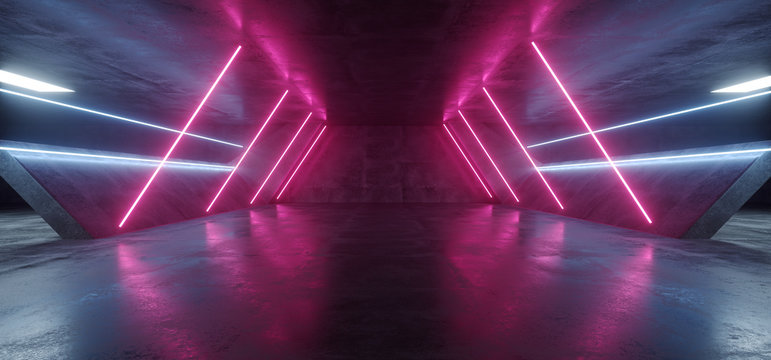 Sci Fi Futuristic Alien Tunnel Ship Corridor Underground Laser Purple Blue Neon Light Lines On Grunge Reflective Concrete Empty Space Background 3D Rendering © IM_VISUALS
