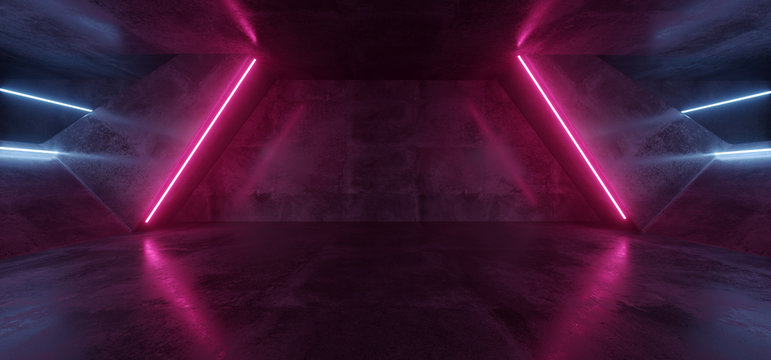 Sci Fi Futuristic Alien Tunnel Ship Corridor Underground Laser Purple Blue Neon Light Lines On Grunge Reflective Concrete Empty Space Background 3D Rendering © IM_VISUALS
