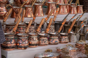 A traditional coffee Cevza of Turkey. There are patterns of Turkish culture. It was taken in front of the store.