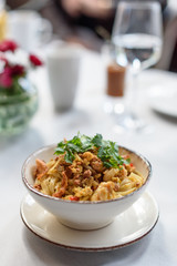 Asian-Style Stir-Fried Noodles Seasoned with Scrambled Eggs, Prawns and Vegetables