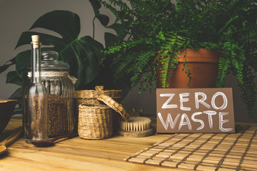 Zero waste concept. Reusable household items (cans, plates, bags). Environmental movement to reduce...