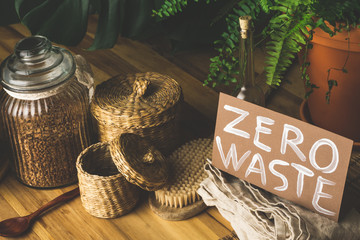 Zero waste concept. Reusable household items (cans, plates, bags). Environmental movement to reduce...