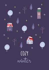 Christmas card with houses, snowflakes, stars, trees on a purple background.