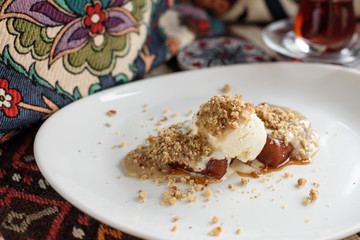 Turkish Pumpkin Dessert with Tahini, Ice Cream and Walnut, Tahinli Kabak Tatlisi.