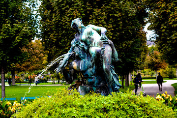 Statue in Budapest Park , Fountain in Park of Budapest, Man Picking up the Lady