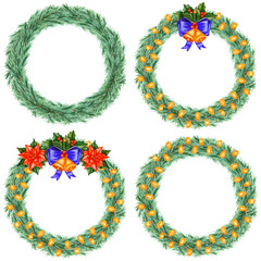 Watercolor set of Christmas wreaths with a Christmas tree branches, holly, bells, poinsettia, light bulb garland. New Year illustration, round frames isolated on a white background.