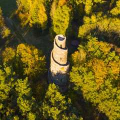 Aerial view of stone lookout tower in Krasno inside forest Slavkovsky les. Beautiful tourist...
