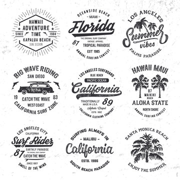 Handmade Surf Set. Vintage Badges collection. T shirt gpaphics for print and other user. Vector.