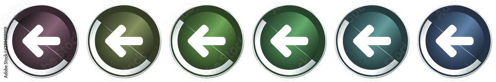 Poster Left arrow icon set, colorful silver metallic chrome vector illustrations in 6 options for web design and mobile applications