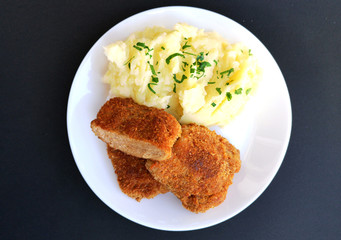 Soy schnitzel and mashed potatoes