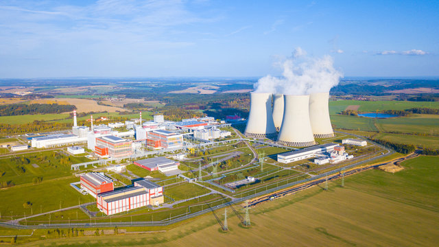 Aerial view of nuclear power plant Temelin. South bohemia in Czech republic, European union. Large nuclear power station from above. Background concept.