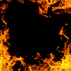 Creative realistic fire frame on black background. Design element.